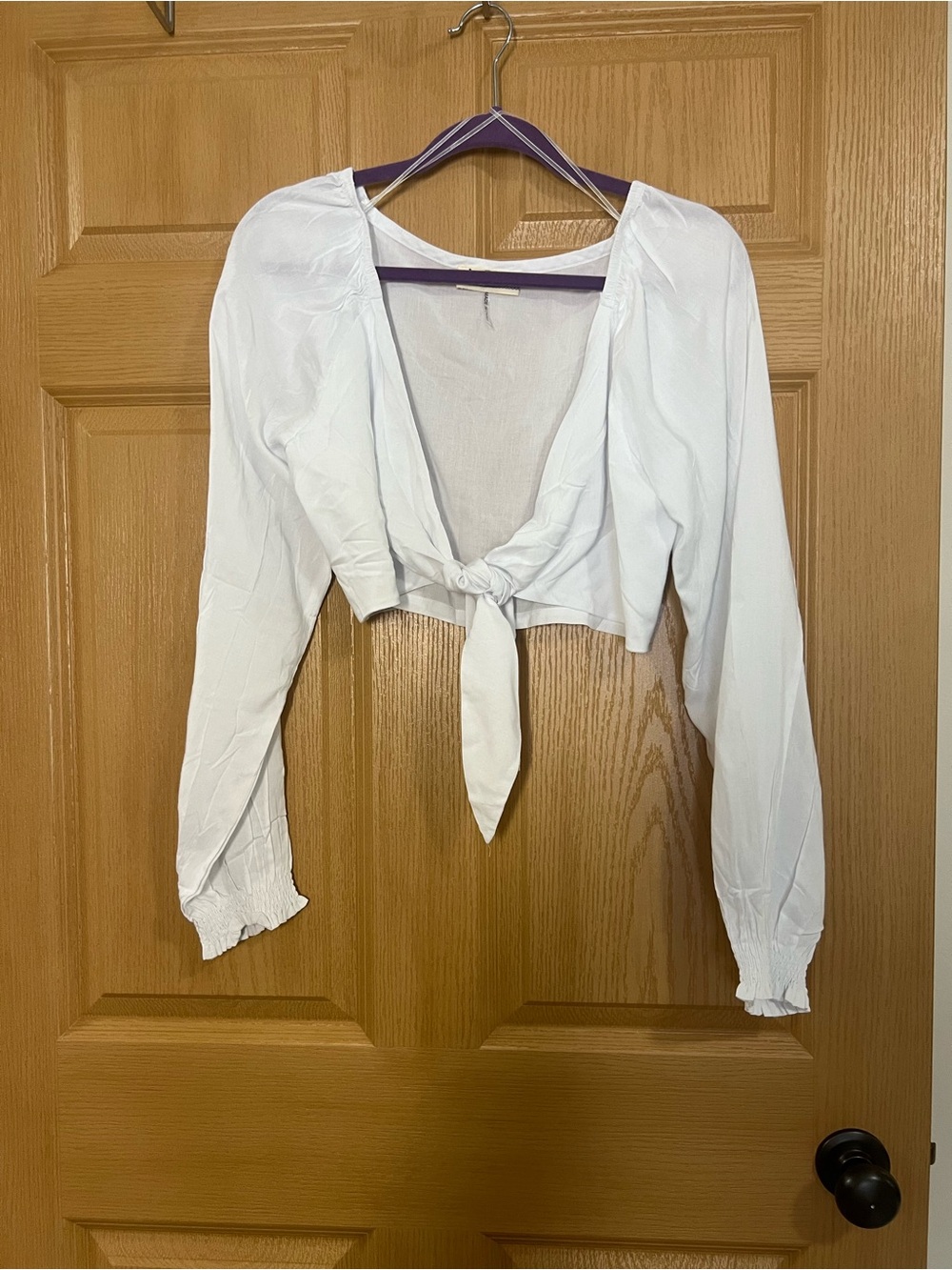 White Tie-Front Long-Sleeve Cropped Top